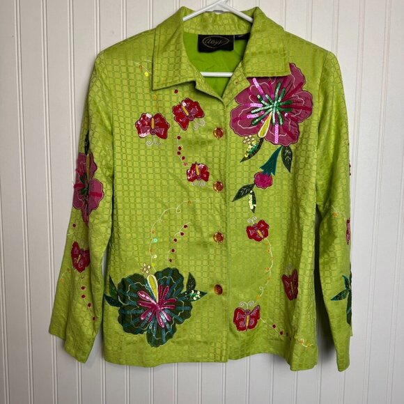 Alex Kim lime green sequin appliqued button front blazer/jacket size small G30 - Picture 1 of 6